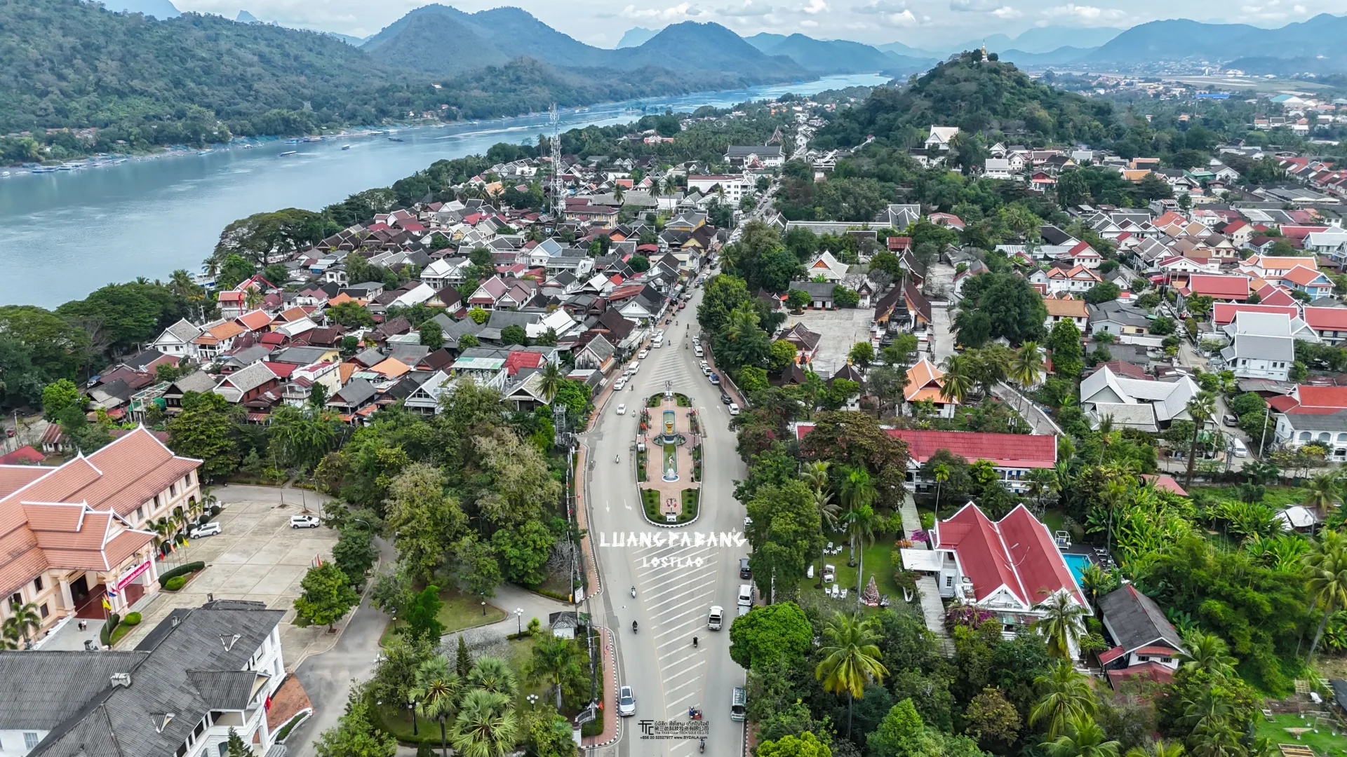 Aerial view of Luang Prabang, Mekong River and mountains