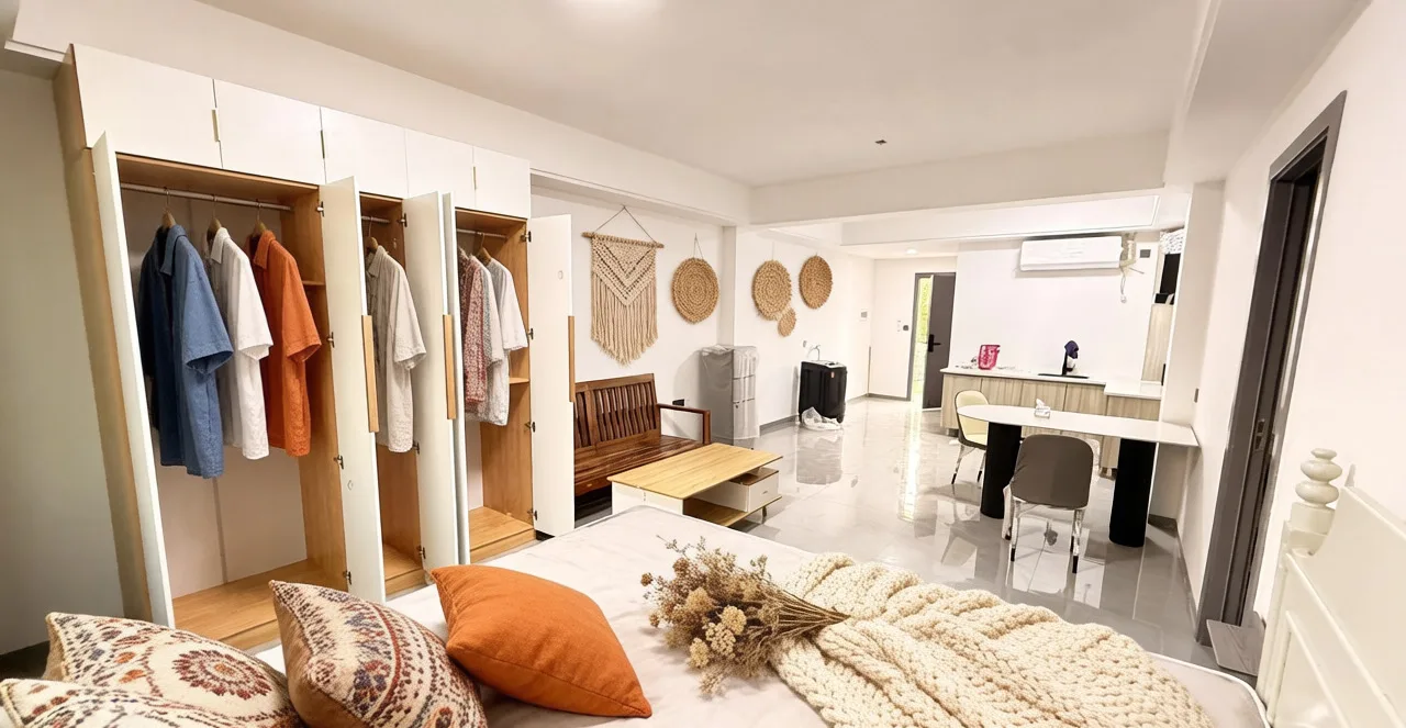 Serviced apartment room and bed